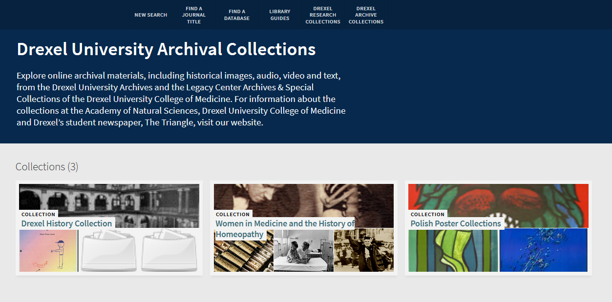 Screenshot of the Drexel University Archival Collections platform homepage